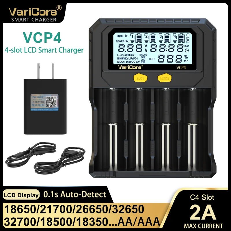 Chargeur intelligent avec écran LCD pour batteries Li - ion 3,7V / LiFePO4 3,2V / Ni - MH 1,2V "VariCore VCR4/P4" - Planète Rando