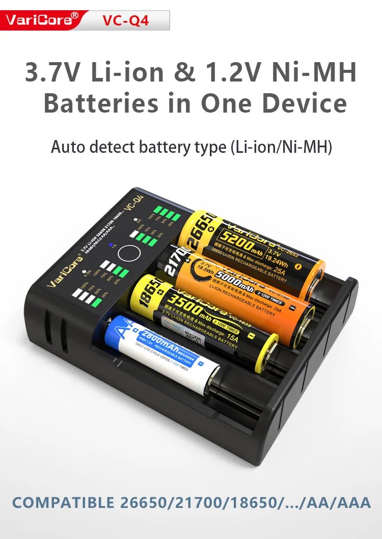 Chargeur intelligent portable pour batteries lithium 3,7V et 1,2 V Ni - MH Ni - Cd AA/AAA "VariCore VCQ4 TC2" - Planète Rando