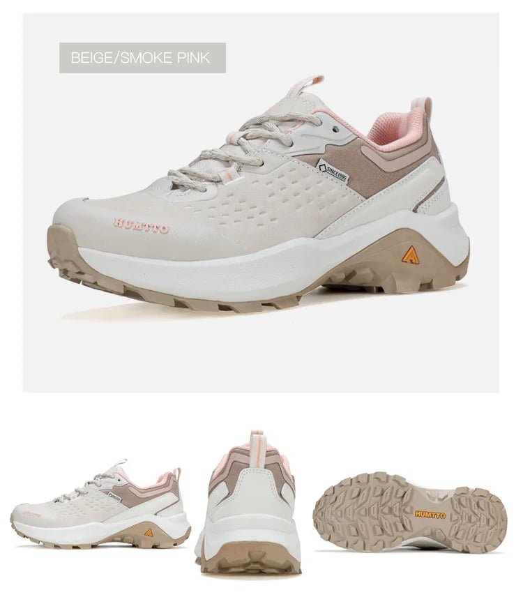 Chaussures de randonnée / trail low-top pour femme "HUMTTO - HT-160560B" grises et blanches en cuir véritable, semelle noire, accents roses, logo Humtto sur le côté et le dessus-idéales pour la randonnée.