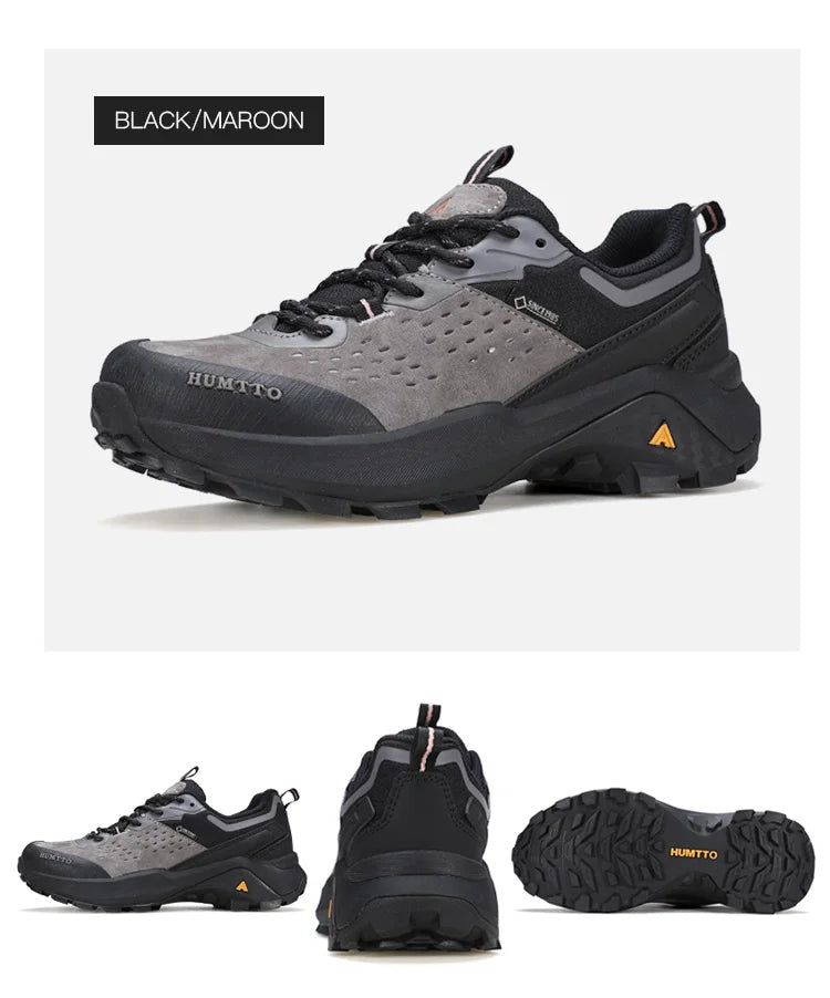 Chaussures de randonnée / trail low-top pour femme "HUMTTO - HT-160560B" grises et blanches en cuir véritable, semelle noire, accents roses, logo Humtto sur le côté et le dessus-idéales pour la randonnée.