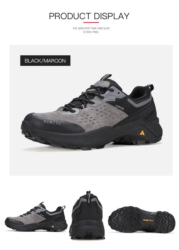 Chaussures de randonnée / trail low-top pour femme "HUMTTO - HT-160560B" grises et blanches en cuir véritable, semelle noire, accents roses, logo Humtto sur le côté et le dessus-idéales pour la randonnée.