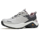 Chaussures de randonnée / trail low-top pour femme "HUMTTO - HT-160560B" grises et blanches en cuir véritable, semelle noire, accents roses, logo Humtto sur le côté et le dessus-idéales pour la randonnée.