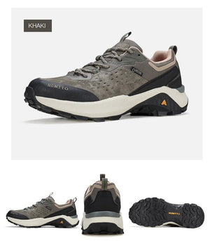 Chaussures de randonnée / trail low-top pour femme "HUMTTO - HT-160560B" grises et blanches en cuir véritable, semelle noire, accents roses, logo Humtto sur le côté et le dessus-idéales pour la randonnée.