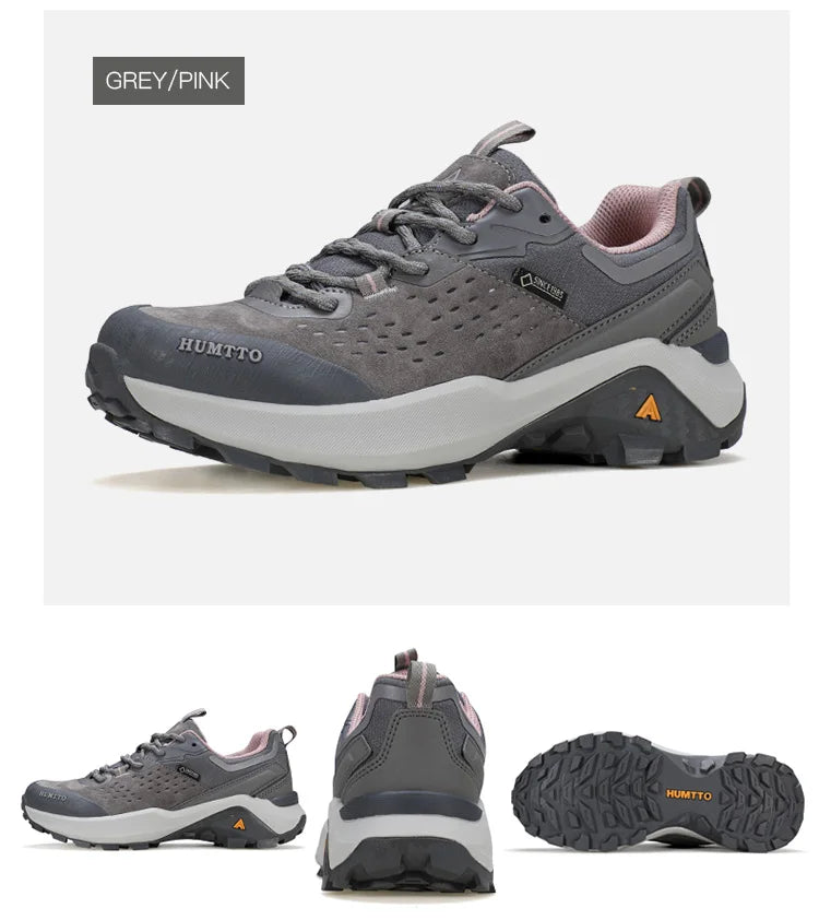 Chaussures de randonnée / trail low-top pour femme "HUMTTO - HT-160560B" grises et blanches en cuir véritable, semelle noire, accents roses, logo Humtto sur le côté et le dessus-idéales pour la randonnée.