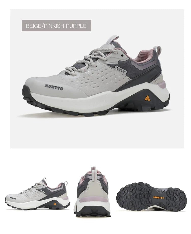 Chaussures de randonnée / trail low-top pour femme "HUMTTO - HT-160560B" grises et blanches en cuir véritable, semelle noire, accents roses, logo Humtto sur le côté et le dessus-idéales pour la randonnée.
