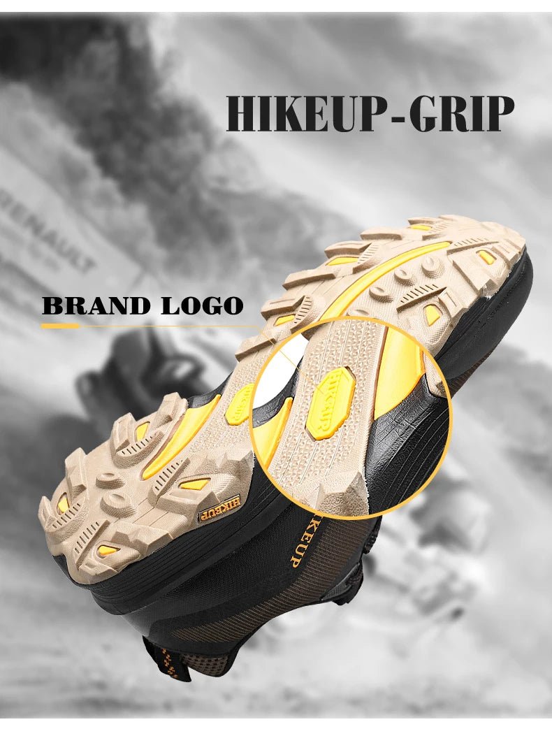 Gros plan sur la semelle Hikeup HK-15 avec crampons HikGrip, logo HIKEUP ; chaussures randonnée homme imperméables et respirantes.
