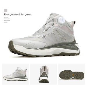 Les chaussures de randonnée mid-top pour homme "HUMTTO - HT-250818A", dotées de la technologie Static Waterproof, d'un soutien élevé de la cheville, d'une semelle texturée et d'un système de laçage rapide bouton rotatif, sont affichées sur un fond blanc.