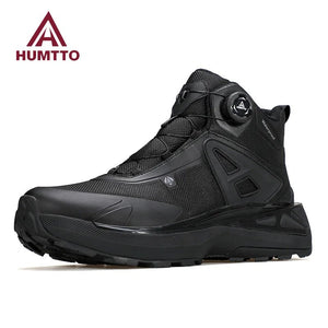Les chaussures de randonnée mid-top pour homme "HUMTTO - HT-250818A", dotées de la technologie Static Waterproof, d'un soutien élevé de la cheville, d'une semelle texturée et d'un système de laçage rapide bouton rotatif, sont affichées sur un fond blanc.