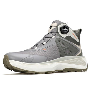 Les chaussures de randonnée mid-top pour homme "HUMTTO - HT-250818A", dotées de la technologie Static Waterproof, d'un soutien élevé de la cheville, d'une semelle texturée et d'un système de laçage rapide bouton rotatif, sont affichées sur un fond blanc.