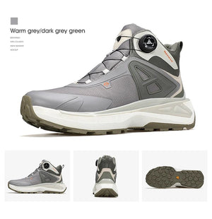 Les chaussures de randonnée mid-top pour homme "HUMTTO - HT-250818A", dotées de la technologie Static Waterproof, d'un soutien élevé de la cheville, d'une semelle texturée et d'un système de laçage rapide bouton rotatif, sont affichées sur un fond blanc.