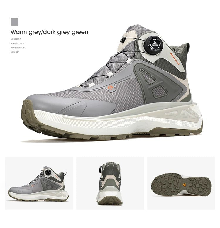 Les chaussures de randonnée mid-top pour homme "HUMTTO - HT-250818A", dotées de la technologie Static Waterproof, d'un soutien élevé de la cheville, d'une semelle texturée et d'un système de laçage rapide bouton rotatif, sont affichées sur un fond blanc.