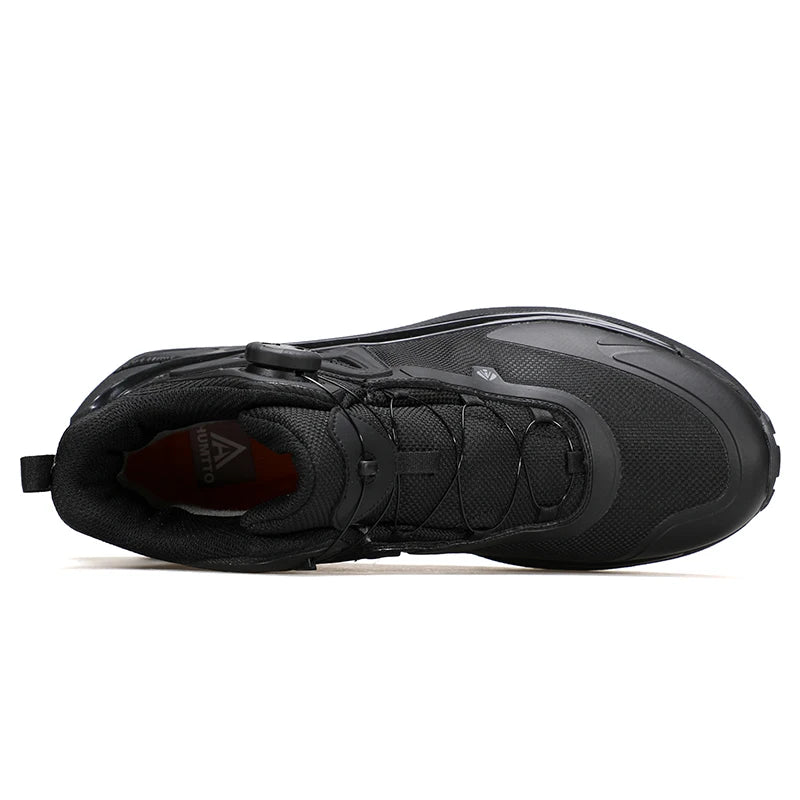 Les chaussures de randonnée mid-top pour homme "HUMTTO - HT-250818A", dotées de la technologie Static Waterproof, d'un soutien élevé de la cheville, d'une semelle texturée et d'un système de laçage rapide bouton rotatif, sont affichées sur un fond blanc.