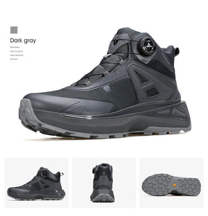 Les chaussures de randonnée mid-top pour homme "HUMTTO - HT-250818A", dotées de la technologie Static Waterproof, d'un soutien élevé de la cheville, d'une semelle texturée et d'un système de laçage rapide bouton rotatif, sont affichées sur un fond blanc.