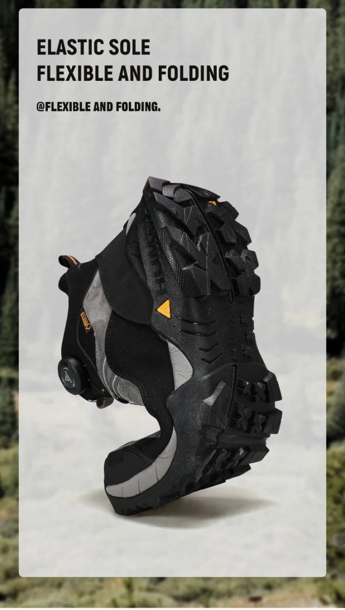 A single Humtto - HT-250366A mid-top randonnée/bottine d'expédition pour homme, gris et noir, antidérapant, protection splash-proof, maintien cheville, lacets, logo Humtto latéral et languette, sur fond blanc.