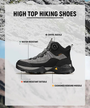 A single Humtto - HT-250366A mid-top randonnée/bottine d'expédition pour homme, gris et noir, antidérapant, protection splash-proof, maintien cheville, lacets, logo Humtto latéral et languette, sur fond blanc.