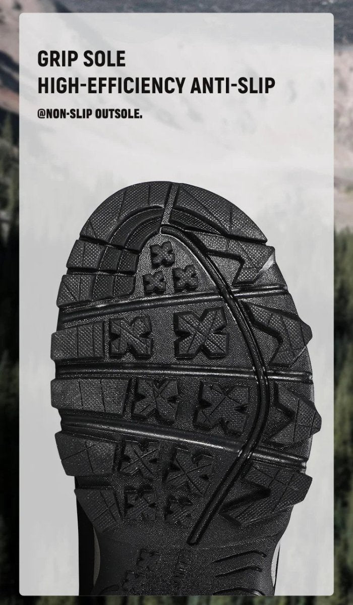 A single Humtto - HT-250366A mid-top randonnée/bottine d'expédition pour homme, gris et noir, antidérapant, protection splash-proof, maintien cheville, lacets, logo Humtto latéral et languette, sur fond blanc.