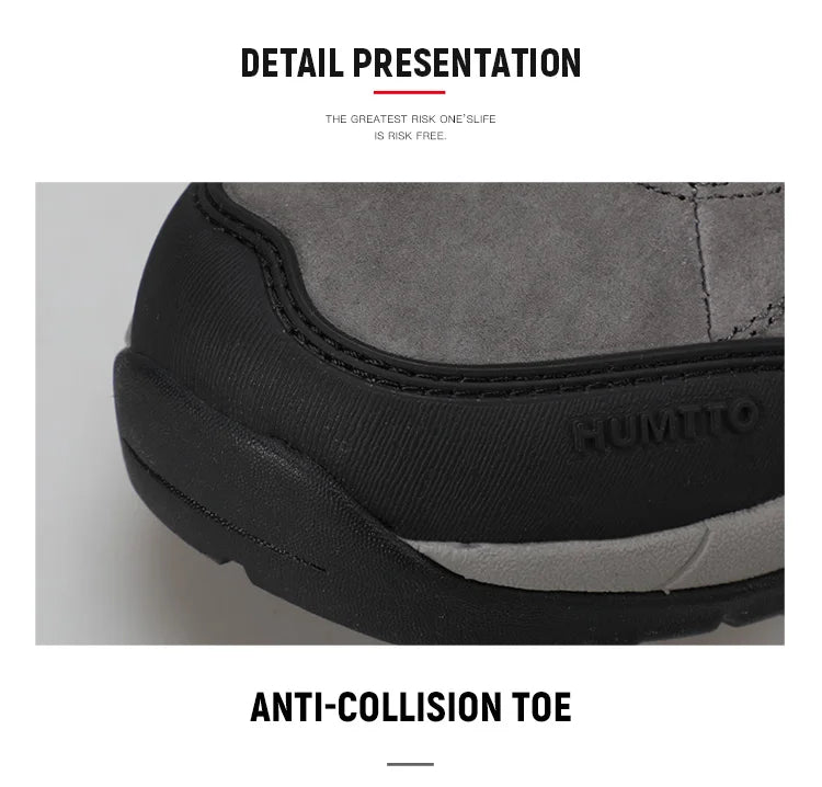 A single Humtto - HT-250366A mid-top randonnée/bottine d'expédition pour homme, gris et noir, antidérapant, protection splash-proof, maintien cheville, lacets, logo Humtto latéral et languette, sur fond blanc.