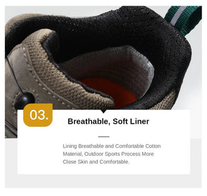 A pair of HUMTTO Chaussures de randonnée mid-top "HT-210626A" pour homme avec protection splash-proof, cuir véritable, semelle caoutchouc robuste, panneaux mesh et fermeture lacets, marron/noir avec accents verts, sur fond blanc.