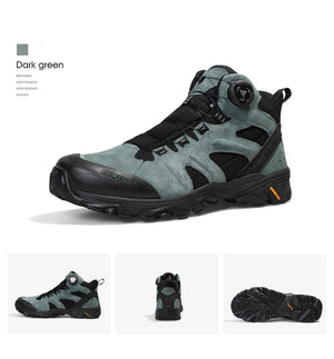 A pair of HUMTTO Chaussures de randonnée mid-top "HT-210626A" pour homme avec protection splash-proof, cuir véritable, semelle caoutchouc robuste, panneaux mesh et fermeture lacets, marron/noir avec accents verts, sur fond blanc.