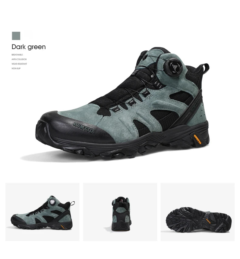 A pair of HUMTTO Chaussures de randonnée mid-top "HT-210626A" pour homme avec protection splash-proof, cuir véritable, semelle caoutchouc robuste, panneaux mesh et fermeture lacets, marron/noir avec accents verts, sur fond blanc.