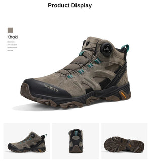 A pair of HUMTTO Chaussures de randonnée mid-top "HT-210626A" pour homme avec protection splash-proof, cuir véritable, semelle caoutchouc robuste, panneaux mesh et fermeture lacets, marron/noir avec accents verts, sur fond blanc.