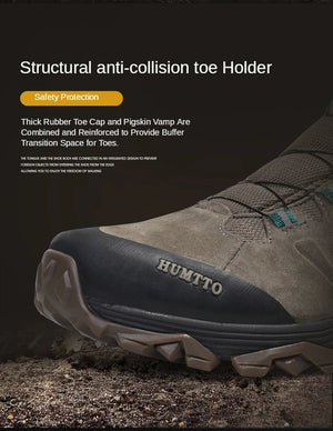 A pair of HUMTTO Chaussures de randonnée mid-top "HT-210626A" pour homme avec protection splash-proof, cuir véritable, semelle caoutchouc robuste, panneaux mesh et fermeture lacets, marron/noir avec accents verts, sur fond blanc.