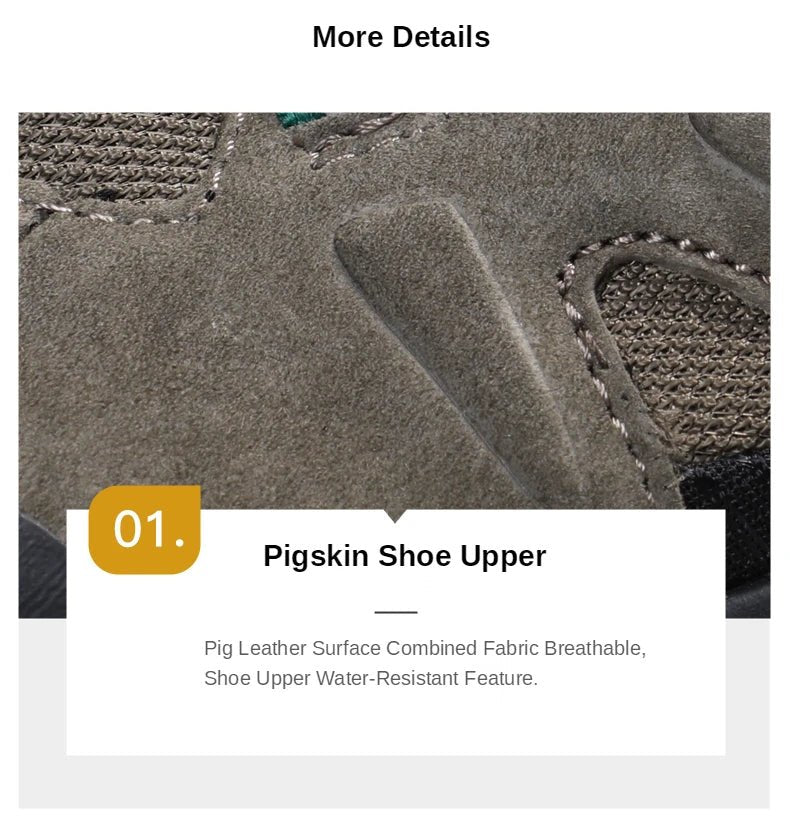 A pair of HUMTTO Chaussures de randonnée mid-top "HT-210626A" pour homme avec protection splash-proof, cuir véritable, semelle caoutchouc robuste, panneaux mesh et fermeture lacets, marron/noir avec accents verts, sur fond blanc.