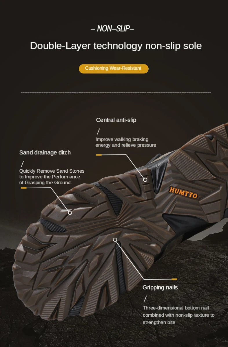 A pair of HUMTTO Chaussures de randonnée mid-top "HT-210626A" pour homme avec protection splash-proof, cuir véritable, semelle caoutchouc robuste, panneaux mesh et fermeture lacets, marron/noir avec accents verts, sur fond blanc.