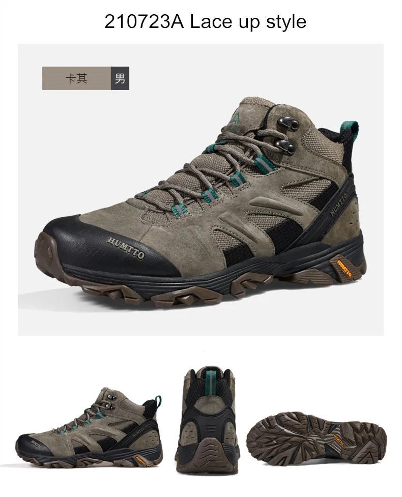 A pair of HUMTTO Chaussures de randonnée mid-top "HT-210626A" pour homme avec protection splash-proof, cuir véritable, semelle caoutchouc robuste, panneaux mesh et fermeture lacets, marron/noir avec accents verts, sur fond blanc.