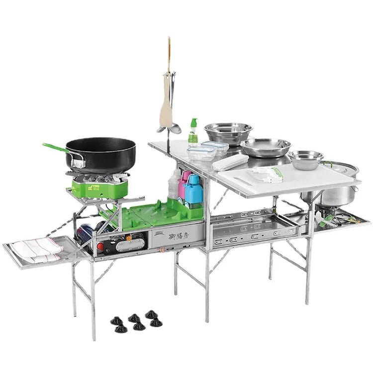 Ensemble de cuisine mobile pour camping avec réchaud et batterie de cuisine en acier inoxydable "BRS - Kitchen box" - Planète Rando