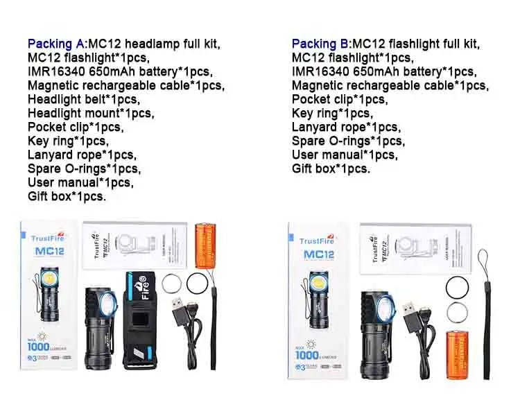 Lampe frontale LED magnétique rechargeable XP - L HI jusqu'à 1000 lumens "TrustFire - MC12" - Planète Rando