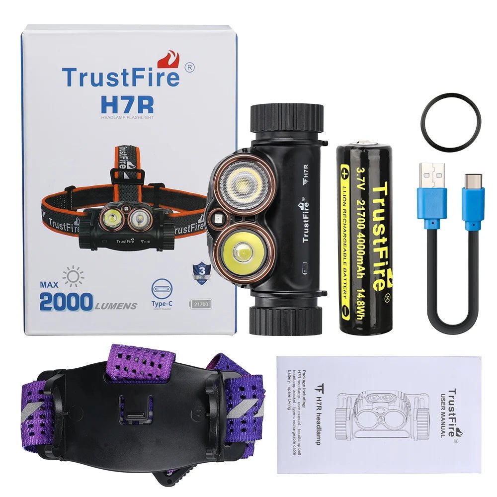 Lampe frontale rechargeable USB 2000 lumens, LED rouge et blanche "Trustfire - H7R" - Planète Rando