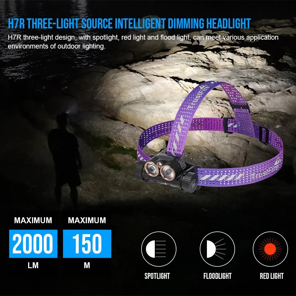 Lampe frontale rechargeable USB 2000 lumens, LED rouge et blanche "Trustfire - H7R" - Planète Rando