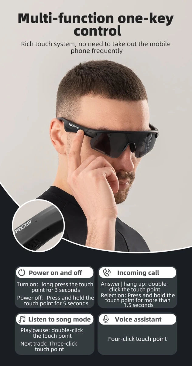 Lunettes connectée / audio Bluetooth V5.2 avec batterie rechargeable 120 mAh & technologie Vstimulations "ROCKBROS - SP2500 series" - Planète Rando