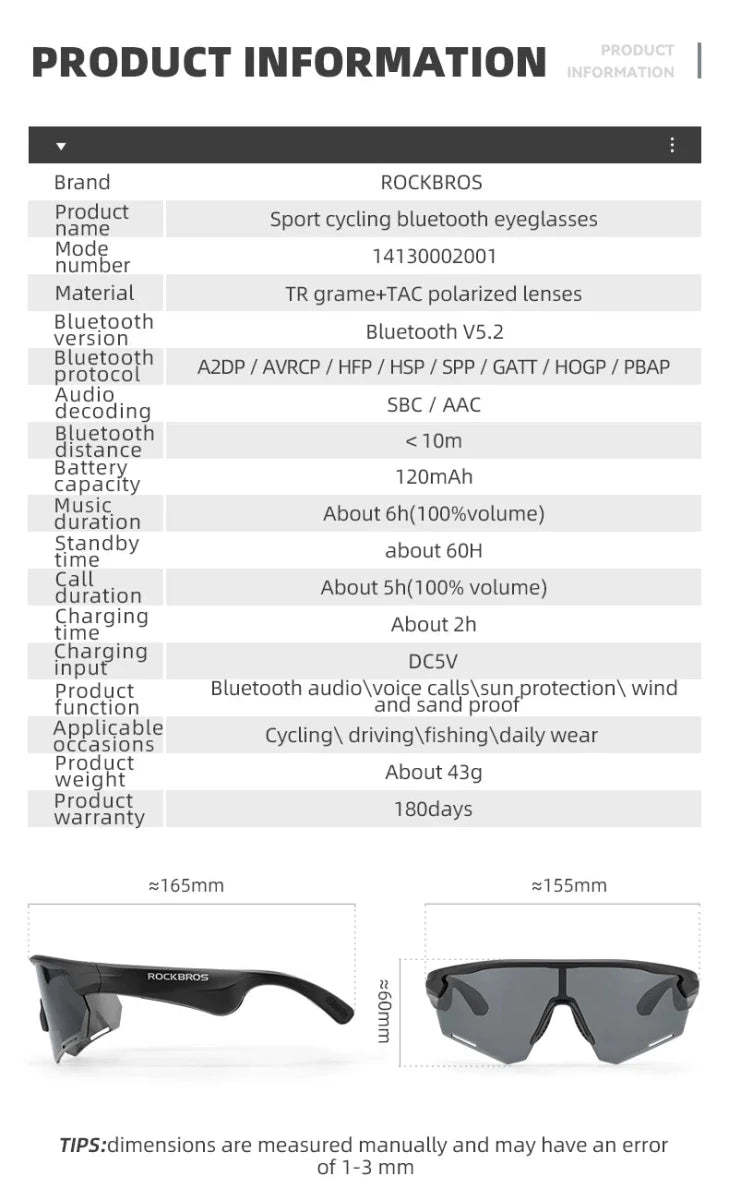 Lunettes connectée / audio Bluetooth V5.2 avec batterie rechargeable 120 mAh & technologie Vstimulations "ROCKBROS - SP2500 series" - Planète Rando