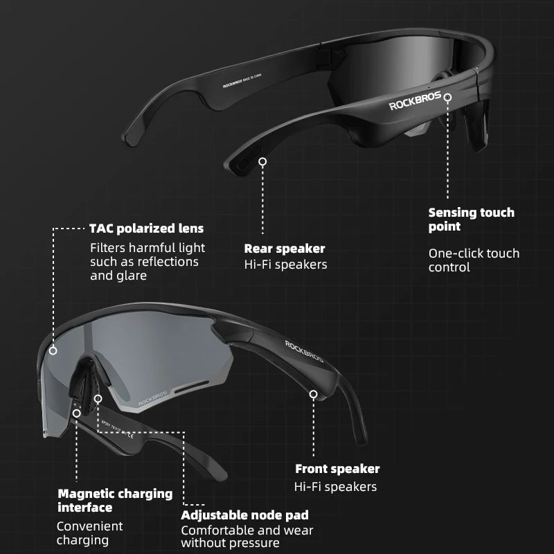 Lunettes connectée / audio Bluetooth V5.2 avec batterie rechargeable 120 mAh & technologie Vstimulations "ROCKBROS - SP2500 series" - Planète Rando