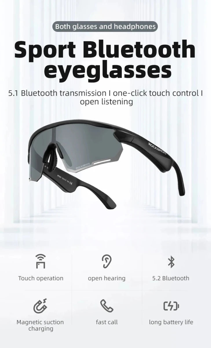 Lunettes connectée / audio Bluetooth V5.2 avec batterie rechargeable 120 mAh & technologie Vstimulations "ROCKBROS - SP2500 series" - Planète Rando