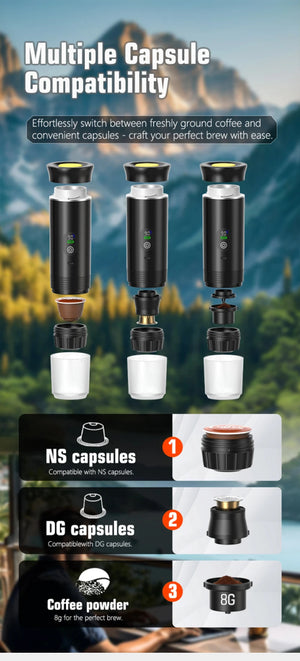 Machine à café expresso portable avec affichage numérique avec capsules 3 en 1 pour la randonnée et le camping "DENOKIN - KF - JN - 02 Pro" - Planète Rando