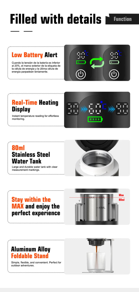 Machine à café expresso portable avec affichage numérique avec capsules 3 en 1 pour la randonnée et le camping "DENOKIN - KF - JN - 02 Pro" - Planète Rando