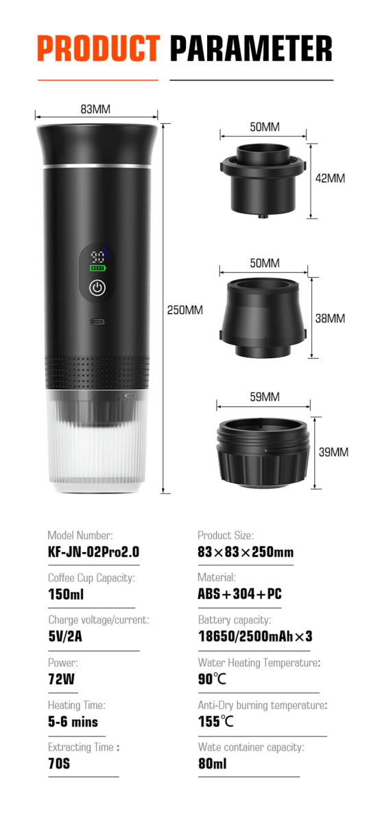 Machine à café expresso portable avec affichage numérique avec capsules 3 en 1 pour la randonnée et le camping "DENOKIN - KF - JN - 02 Pro" - Planète Rando