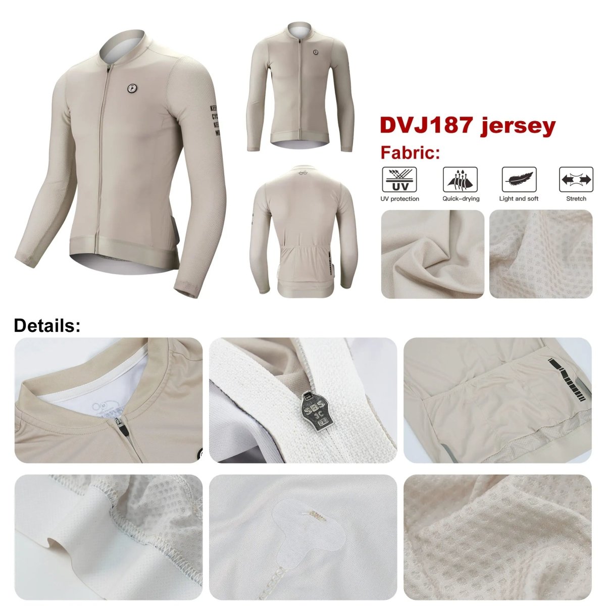 Le maillot de cyclisme unisexe à manches longues blanc DAREVIE "DVJ187" est doté d'une protection UV-SPF30+/SPF50+, d'une fermeture éclair sur le devant, de logos discrets, d'un tissu respirant et de manches en maille 3D pour plus de confort. Montré sur un fond uni.