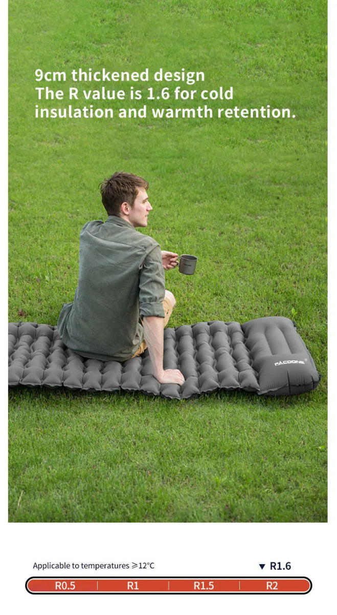 Matelas gonflable avec pompe et oreiller intégré 9cm R - Value 1.6 700g "PACOONE - Ultra pad PA01" - Planète Rando