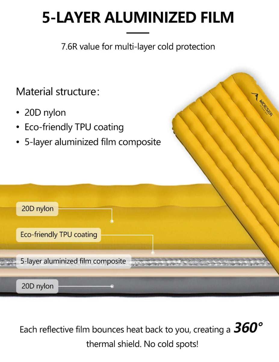 Matelas gonflable léger et confortable 10cm 770g R - Value 7.6 (4 saisons) "Widesea - AM01Y" - Planète Rando