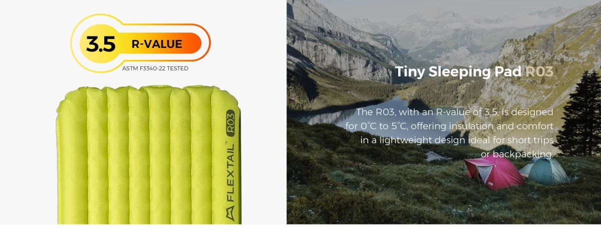 Matelas gonflable ultraléger avec pompe intégrée R - Value 3.5 confort 5°C "FLEXTAILGEAR - TINY Sleeping pad R03" - Planète Rando
