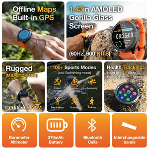 Montre GPS avec cartographie 5ATM IP68 Étanche 1.43 AMOLED "AGM - Legion Pro" - Planète Rando