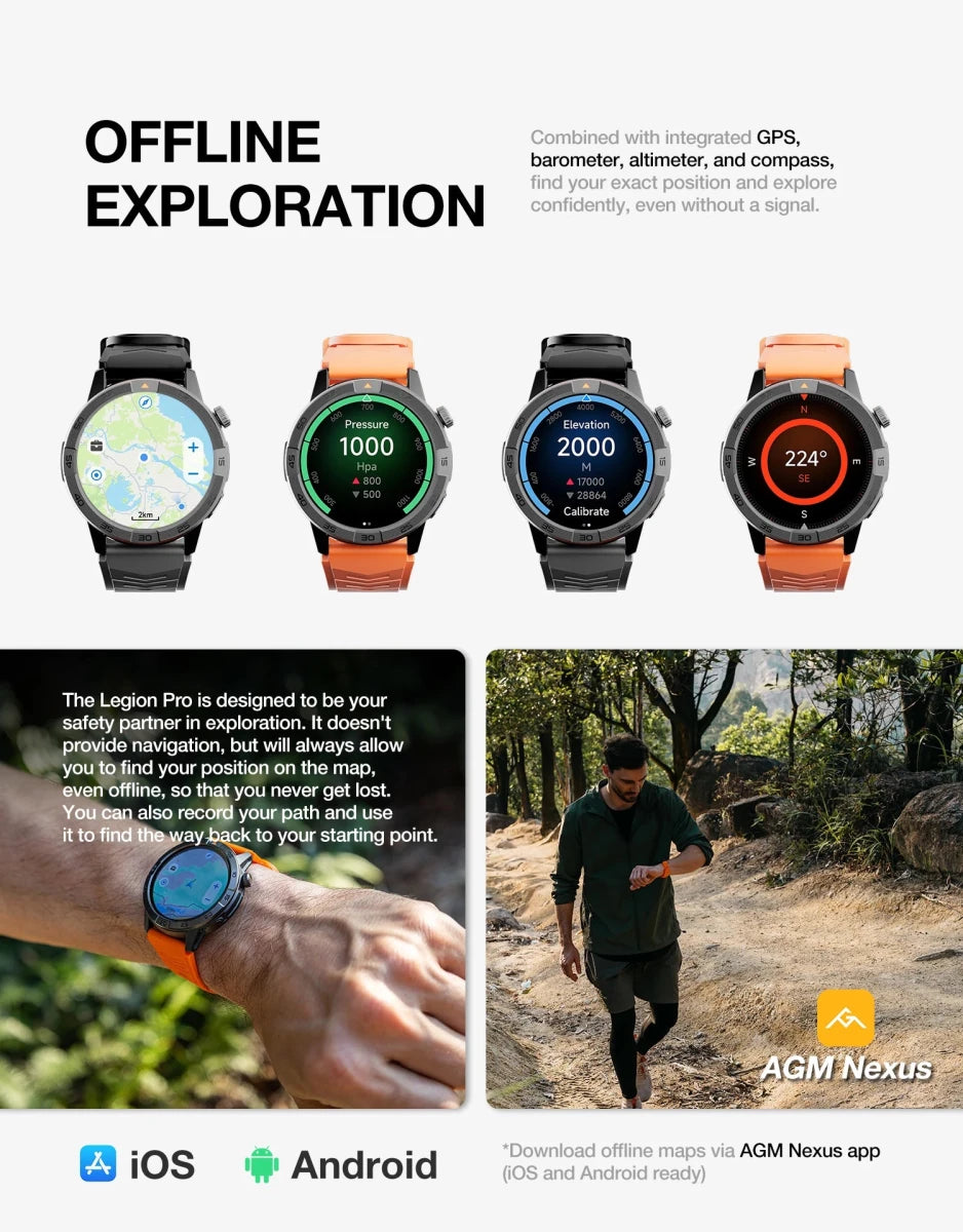 Montre GPS avec cartographie 5ATM IP68 Étanche 1.43 AMOLED "AGM - Legion Pro" - Planète Rando