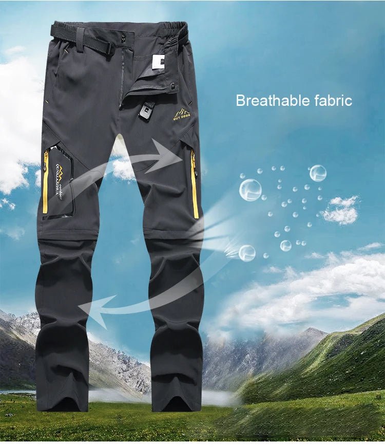 Pantalon randonnée homme TRVLWEGO AD083 2 en 1, short amovible, poches zippées jaunes, tissu respirant, séchage rapide.