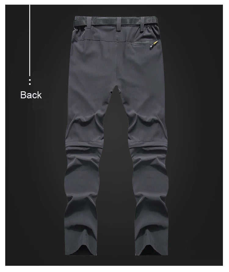 Vue arrière du pantalon randonnée 2 en 1 TRVLWEGO AD083 gris foncé, poche zippée, traitement hydrofuge.