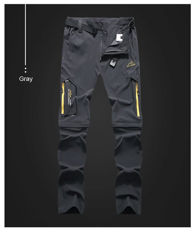 Pantalon de randonnée homme gris TRVLWEGO AD083, zips jaunes, section short amovible, hydrofuge, fond noir.