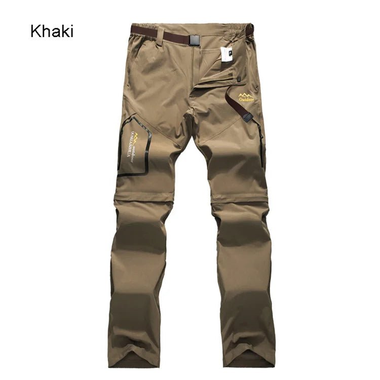 Pantalon randonnée homme kaki 2 en 1 TRVLWEGO AD083, poches zippées, ceinture, jambes convertibles, séchage rapide.